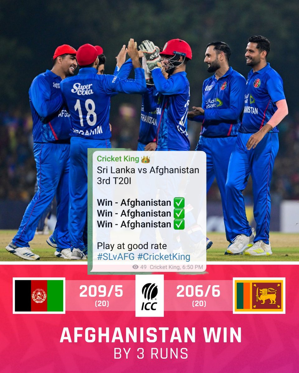 Congratulations 🎉🥳👏
Afghanistan ✅ win pass ✅

SL vs AFG
1st T20I Jackpot 💰 win pass ✅
2nd T20I win pass ✅
3rd T20I win pass ✅

Telegram channel link - t.me/cricketbetting…
Join now 🤝

#SLvAFG #CricketBook #SLvsAFG #IPL2024