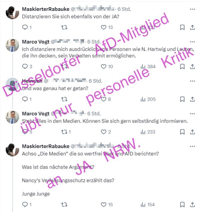 Der Kreissprecher der Düsseldorfer AfD (zuvor bei Grünen aktiv) gibt seinem Parteikollegen Marco Vogt (zuvor bei SPD-Mitglied) Schützenhilfe u. schießt verbal gegen den stellv. Landesvorsitzenden der völkisch-nationalistischen „Jungen Alternative NRW', Nils Hartwig. #NoAfdDus 1/2