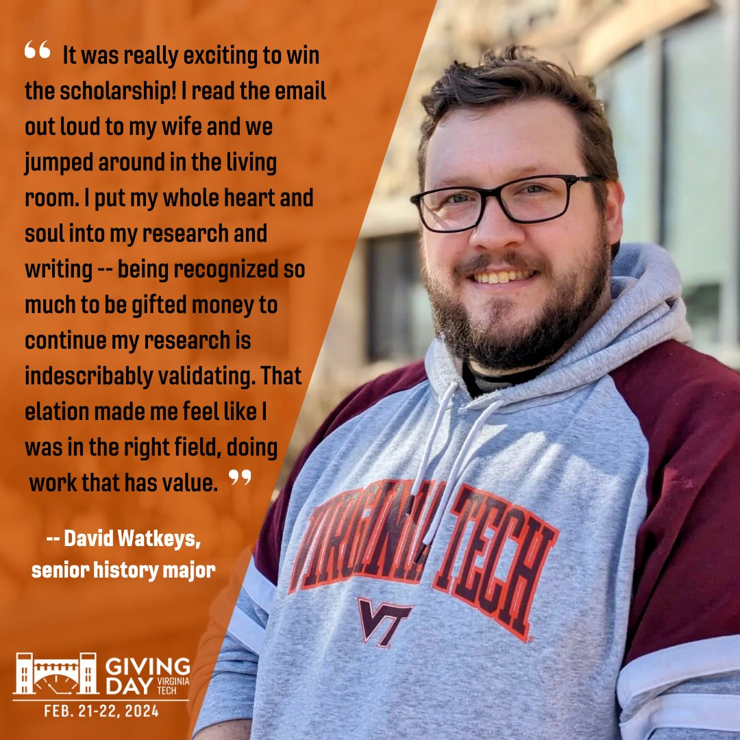 The next 24 hours are your chance to make a difference in the lives of our History Department students! Even $5 goes a long way in helping our students’ dreams become a reality. Make your gift today: givingday.vt.edu/amb/historydept Read more about David here! tinyurl.com/43reu77t