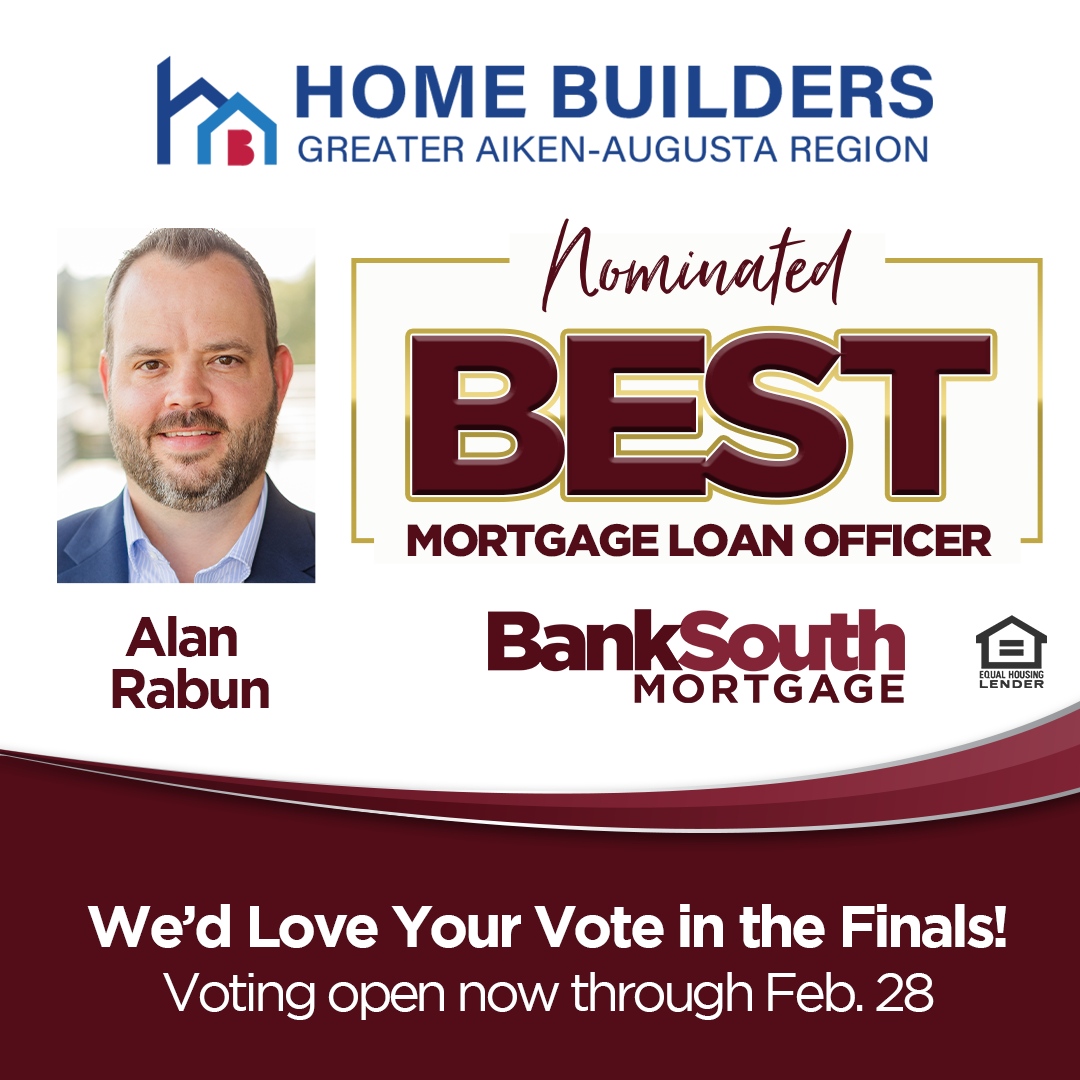 MacCreggerBSM's tweet photo. @banksouthmtg and our amazing loan officers Alan Rabun, Cyndi Eber, and Sharon Simons are nominated for "Best Mortgage Company" &amp; "Best Mortgage Loan Officer" in the Greater Aiken-Augusta Region Home Builders' "Best of 2024" awards!

Cast your vote!
🔗 https://t.co/jgQNc0tLEZ https://t.co/Xfl1Ofjaqe