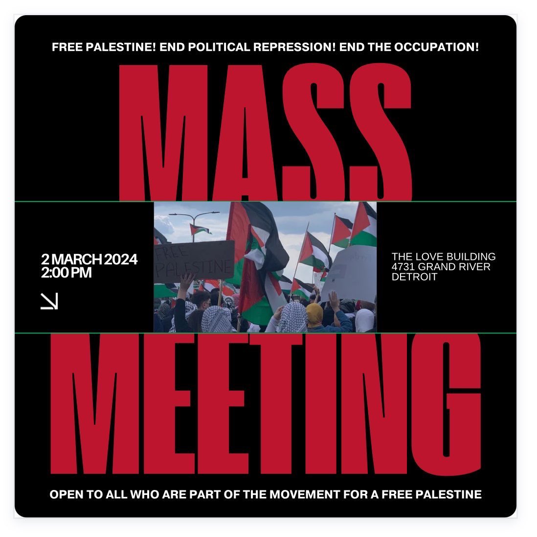 DETWILLBREATHE's tweet image. We are hosting an in-person, public mass meeting for people to join together to discuss the movement for a free Palestine, the struggles it faces, and draw connections to the repression that came as a response to the 2020 uprisings.