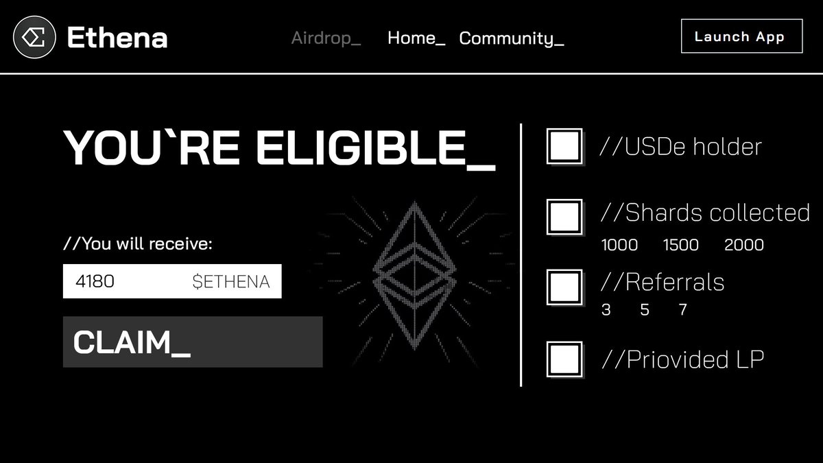 🤑 Binance Labs announced their investment in Ethena 🚁

Ethena labs shard airdrop campaign is Live

🔗 join here: app.ethenaIabs.com/join/7kntr

✨ You can earn shard airdrops by:
▫️ Buying USDe [5x Shards / Day]
▫️ Staking sUSDe [1x Shards/Day]
▫️ Adding liquidity [20x Shards/ Day]