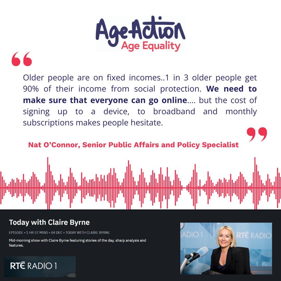 📣 Nat O'Connor @AgeAction spoke with Claire Byrne about the impact of increased broadband prices on older people, with 3 in 10 relying on social protection for 90% of their income. 💸 Catch the full conversation at 1:04:22 on Today With Claire Byrne, 🎧buff.ly/3T4f1Ti