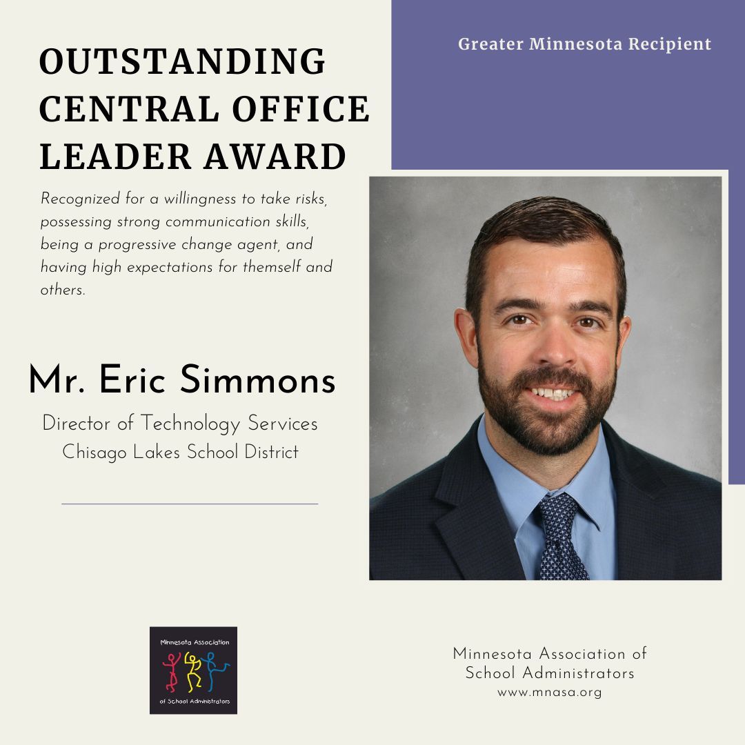 🏆 Award Alert! Eric Simmons, Director of Technology Services for Chisago Lakes School District, has been named the a 2024 Outstanding Central Office Leader. This award is recognized at the MASA/MASE Spring Conf., March 14-15. #mnMASA @CLSD2144 @ersimmons