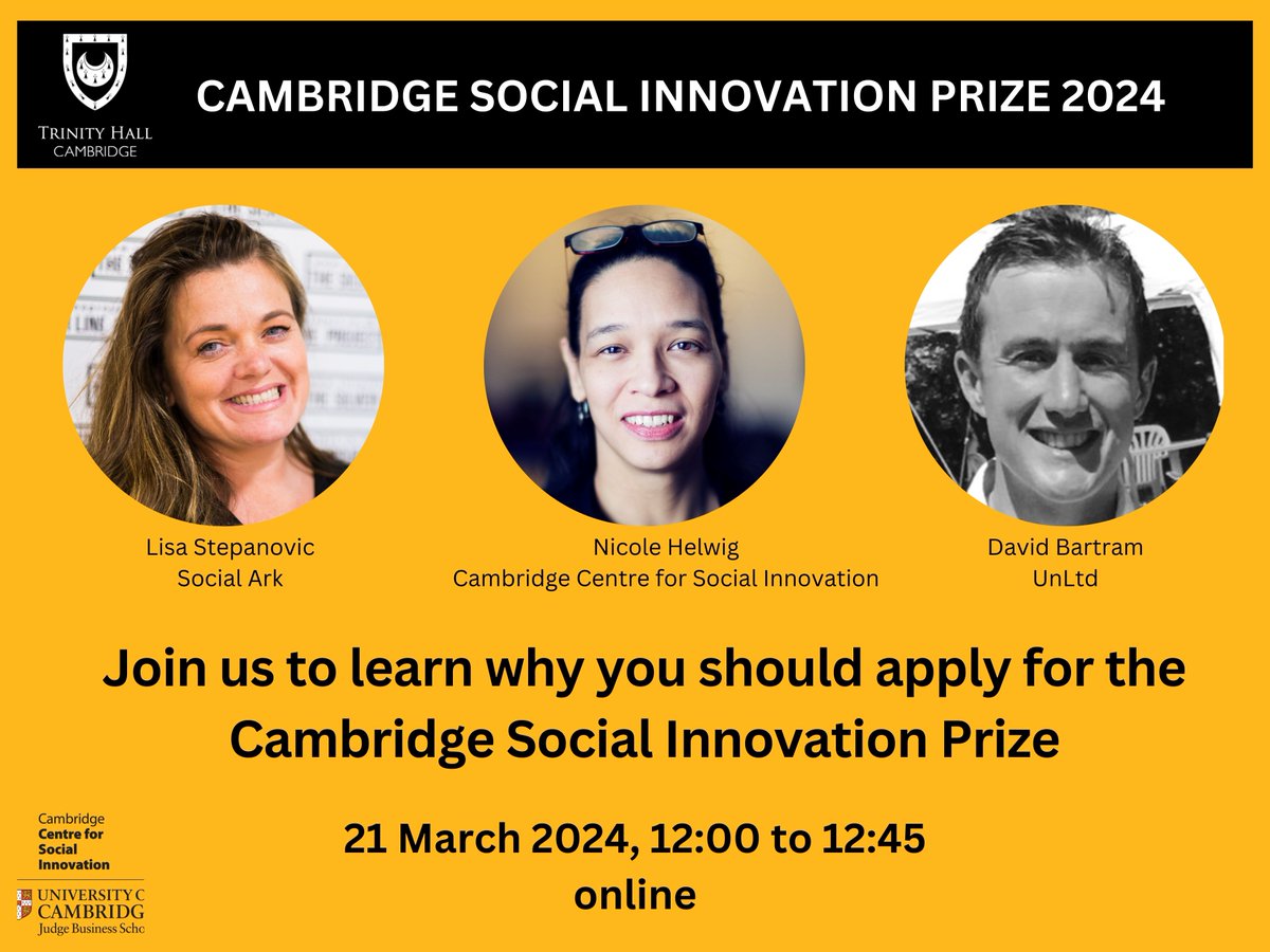 Join us to learn why you - as a #socent - should apply for the £10,000 Cambridge Social Innovation Prize. Date: 21/03/2024 Time: 12:00-12:45 Zoom Hosted by: @Lisa_Stepanovic - @SocialArkCIO @NMHelwig - @CJBSsocinnov @DavidBartram100 - @UnLtd Register -jbs.cam.ac.uk/events/cambrid…