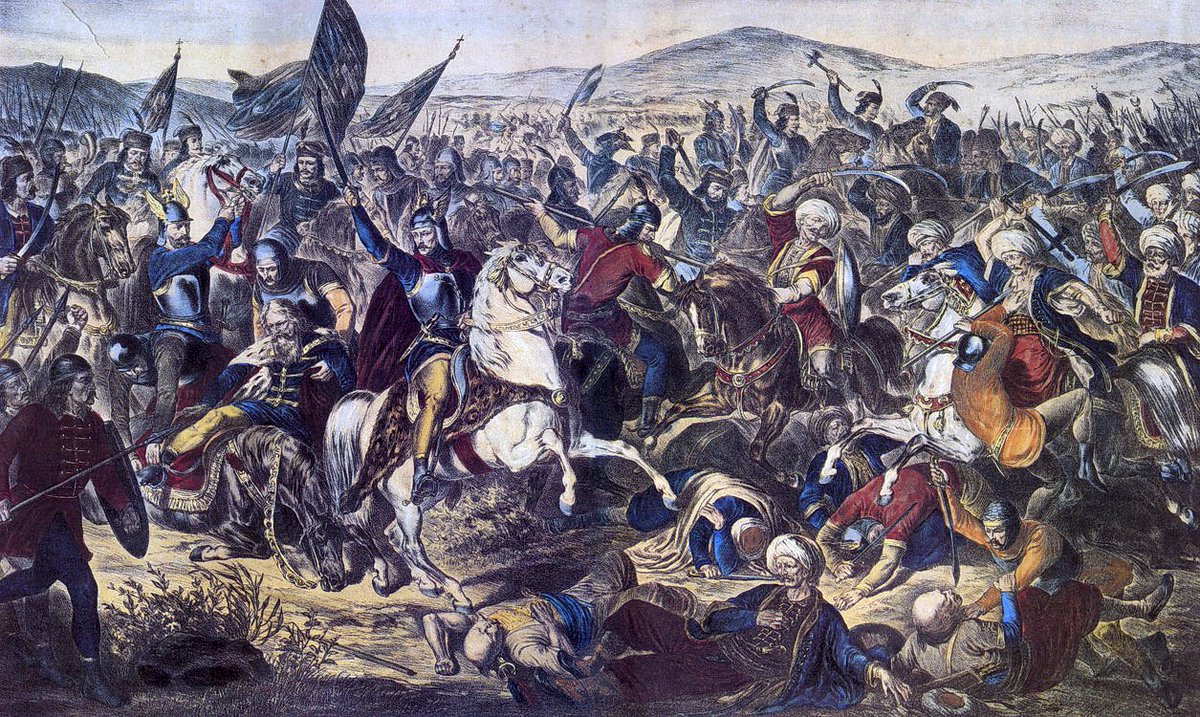 turuksoz's tweet photo. "Kosova’da Sırplar saldırıya geçti, Osmanlı’nın sol safını kırdılar. Zafer tam onların olacaktı ki Şehzade Yıldırım Bayezid bir yıldırım gibi kendini demir topuzuyla karmaşanın içine attı. Zırhlı Sırp süvarilerinin çoğunu yere serdi. Kan gölü dehşet vericiydi."

J. W. Zinkeisen https://t.co/9Av5N3txkY
