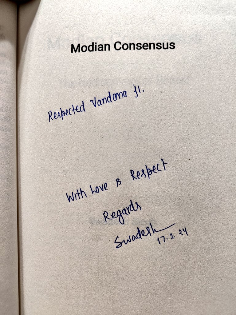 Just recd my signed copy of Modian Consensus by @swadesh171 ji 

A must read #ModianConsensus elaborates d
5 phases starting from Civilization, Gandhian,Nehruvian & Secular consensus & the 5th the most powerful ongoing is Modian Consensus.
Modian Consensus includes the challenges