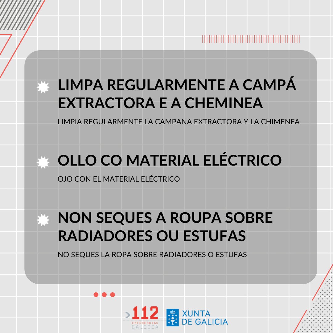 Durante os dous primeiros e os dous últimos meses do pasado ano, superáronse os 𝐬𝐞𝐭𝐞 incendios diarios.

🔸 Limpa a campá extractora e a cheminea con regularidade 🧽
🔸 Evita usar conexións e cables defectuosos 🔌
🔸 Non seques a roupa sobre radiadores ou estufas 🔥