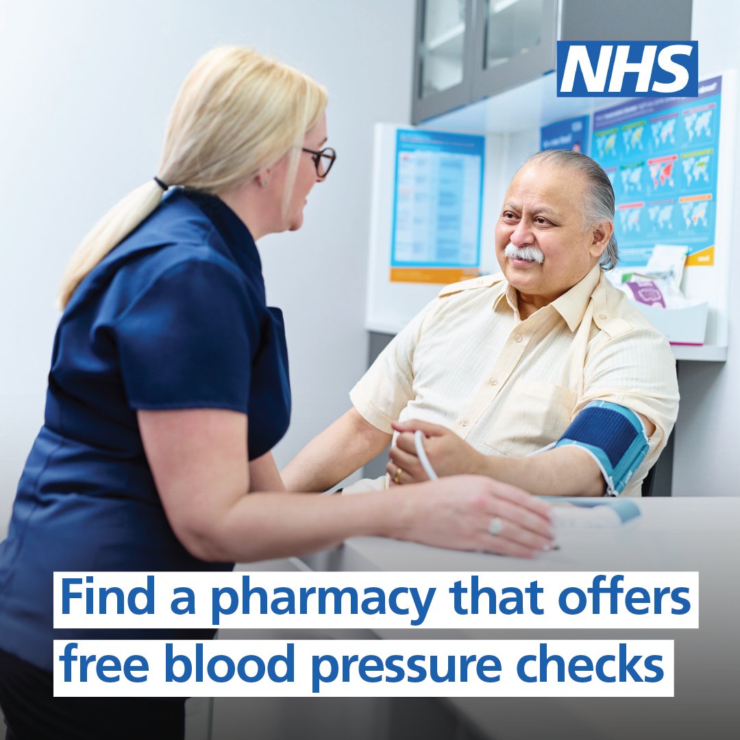 If you’re eligible, you can get your blood pressure checked at pharmacies for
free, and you don’t need to see a GP.

Find a pharmacy that offers free blood pressure checks near you. If you 45 or over, check your blood pressure at least every 5 years.

➡️nhs.uk/nhs-services/p…