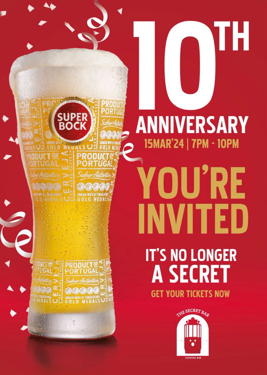 The brilliant Secret Bar in @TootingMarket is to celebrate its 10th birthday with a special 'Super Bock' event on Friday 15th March, 7pm-10pm, and tickets (£25, including unlimited beer) are now on sale! Tickets / Info: event-discovery.ticketspot.io/events/c3789a0… #ad #Tooting