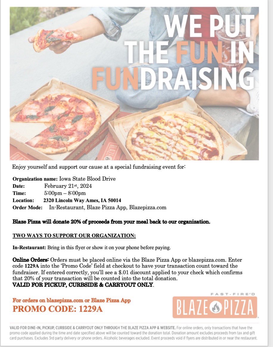 FUNDRAISER AT BLAZE PIZZA! show out for the Iowa state blood drive tonight!