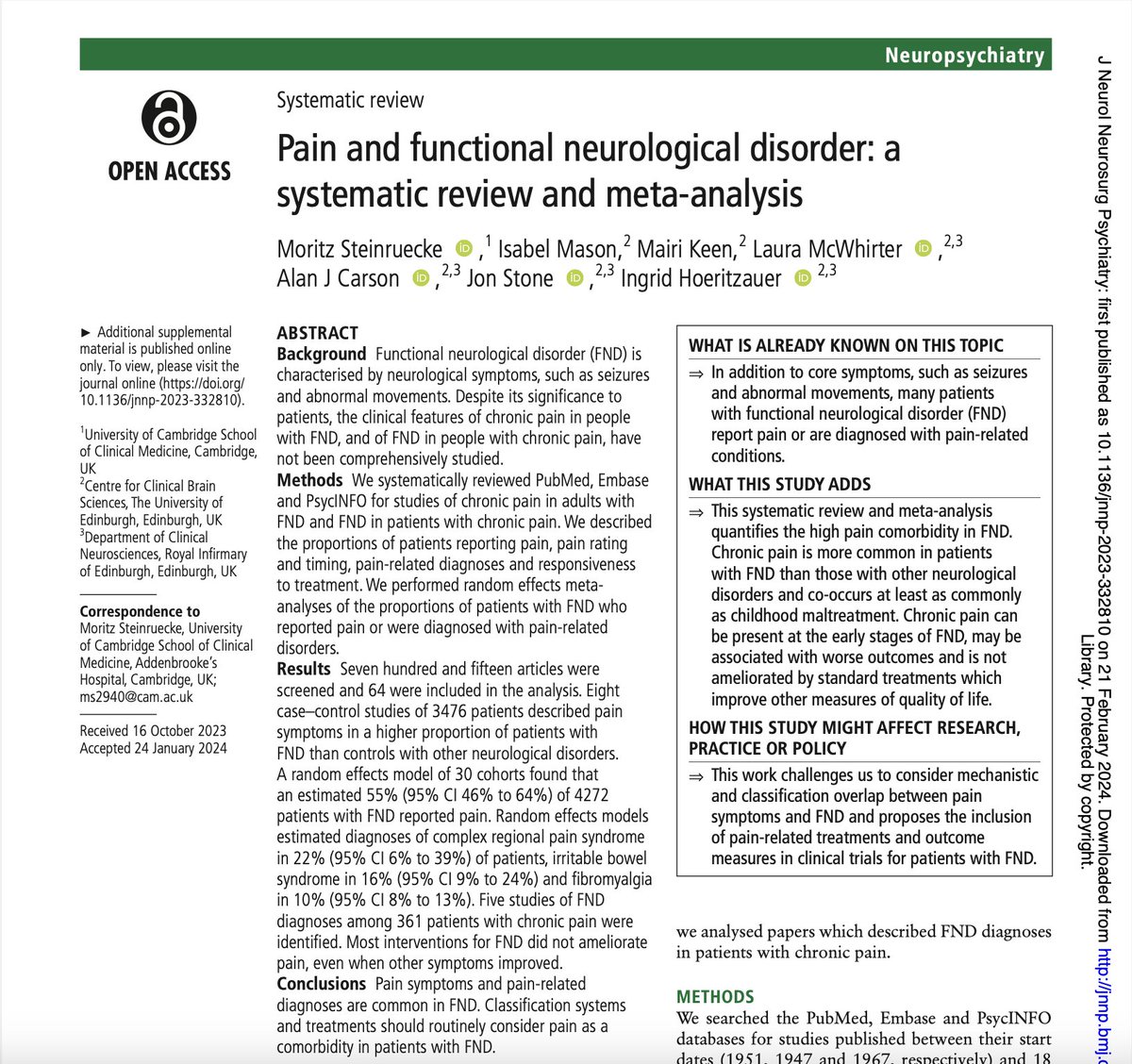 Moritz Steinruecke (@medicmoritz) on Twitter photo We’re pleased to share our systematic review and meta-analysis on pain and functional neurological disorder (FND), open access in <a href="/JNNP_BMJ/">Journal of Neurology, Neurosurgery and Psychiatry</a>
🔗: jnnp.bmj.com/content/early/…
🧵
<a href="/IngridHoeritza1/">Ingrid Hoeritzauer</a>, <a href="/jonstoneneuro/">Jon Stone</a>, <a href="/AlanCarson15/">Alan Carson</a>
1/ We’re pleased to share our systematic review and meta-analysis on pain and functional neurological disorder (FND), open access in <a href="/JNNP_BMJ/">Journal of Neurology, Neurosurgery and Psychiatry</a>
🔗: jnnp.bmj.com/content/early/…
🧵
<a href="/IngridHoeritza1/">Ingrid Hoeritzauer</a>, <a href="/jonstoneneuro/">Jon Stone</a>, <a href="/AlanCarson15/">Alan Carson</a>
1/