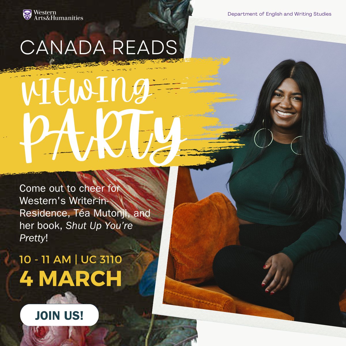 All are welcome to join us in cheering for our Writer-in-Residence, @teamutonji, and her book during the Canada Reads debate on March 4th at 10:00 a.m.! More info below.