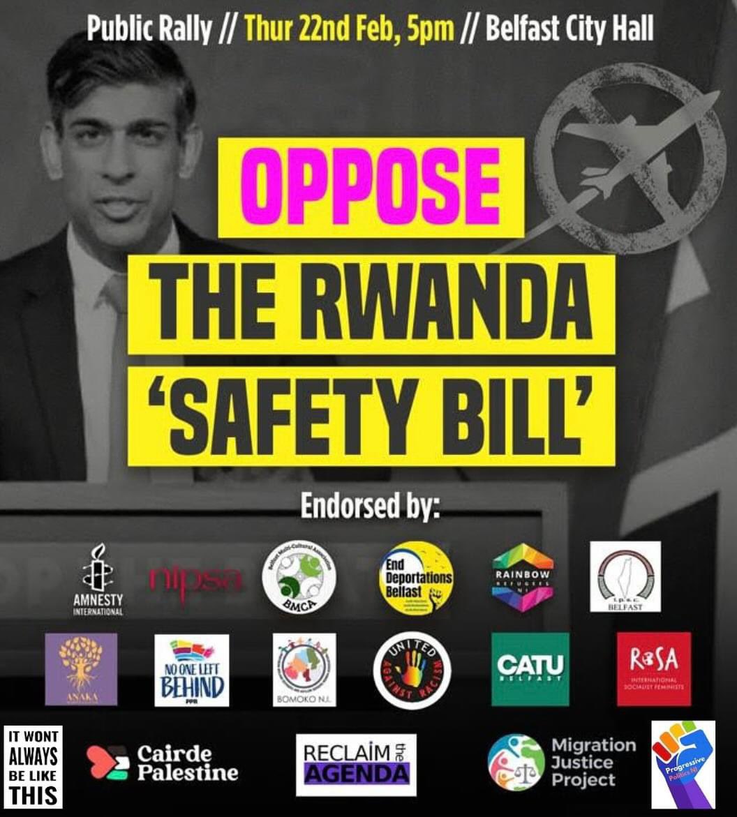 Join us & others at Belfast city hall on Thursday to show our opposition to the Tories horrendous Rwanda bill. ✊🏻