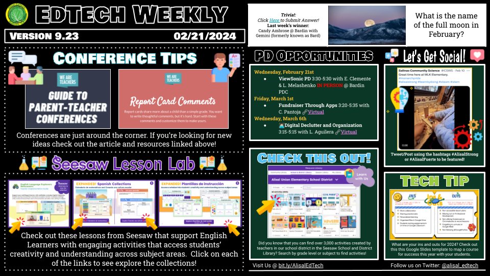 Greetings @AlisalUSD! In this week's EdTech Weekly you will find the following resources to explore: Conference Tips💬, English Language Learner Seesaw Lessons👩🏻‍💻, Tech Tips💻, PD opportunities👨🏼‍💻, and more!🌕 #AlisalStrong #AlisalFuerte bit.ly/AlisalWeekly