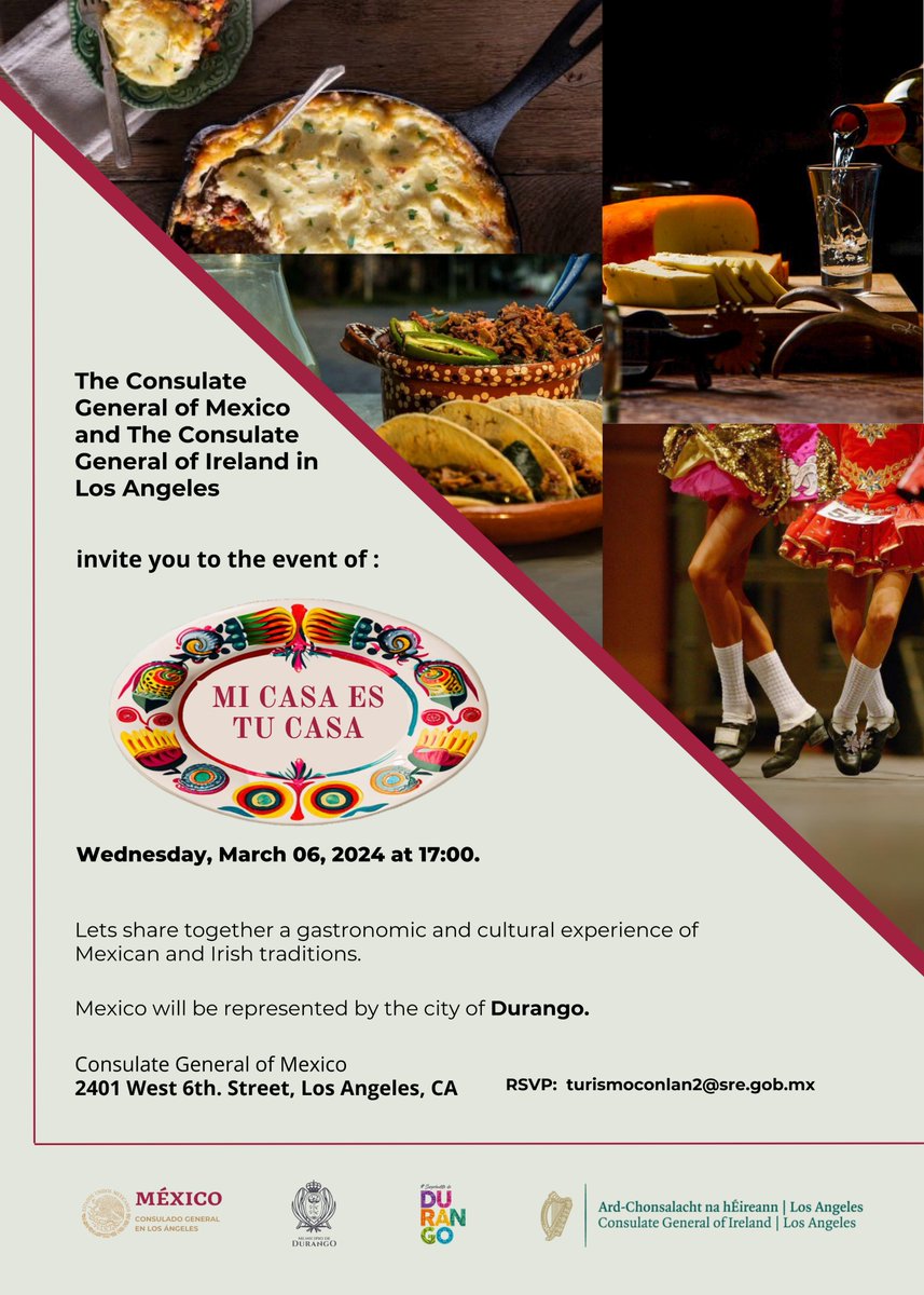 Join the Consulate General of Ireland and the Consulate General of Mexico in Los Angeles on March 6th from 5:00pm-7:00pm for "Mi Casa es Tu Casa", an event celebrating the culture of both countries! 🇮🇪🇲🇽

RSVP Free here: forms.gle/xgbpdKyJSwV2j1…