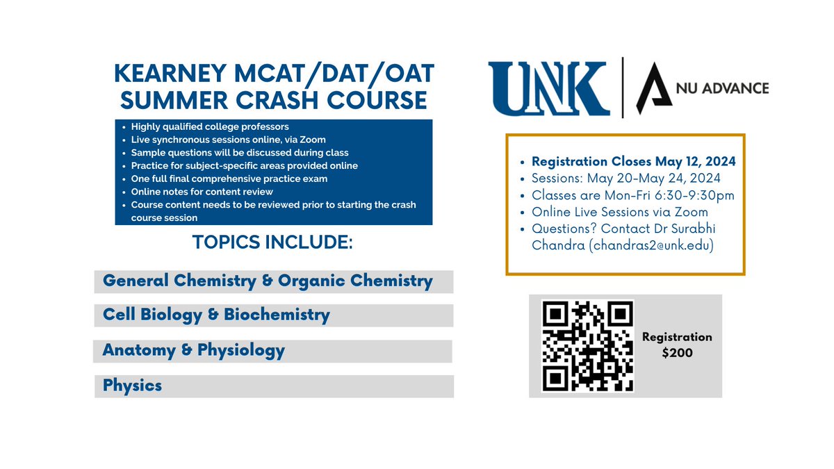 Looking for a summer crash course for the MCAT, DAT, or OAT? Our UNK faculty will instruct online live sessions in May to assist students with their prep. #UNKHealthSciences #UNKCAS #UNKBiology #UNKChemistry #PowerOfTheHerd