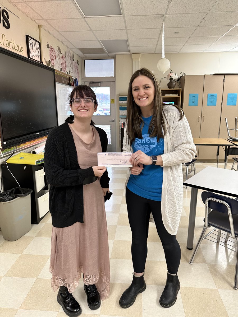 Student Council President Skylar Giffel is shown below presenting a check to Mrs. Kristen Portteus with a donation of $275.00 for the Riley Dance Marathon.
<a href="/ovhs_patriots/">Owen Valley HS</a> <a href="/RileyChildrens/">Riley Children's</a> #FTK2024