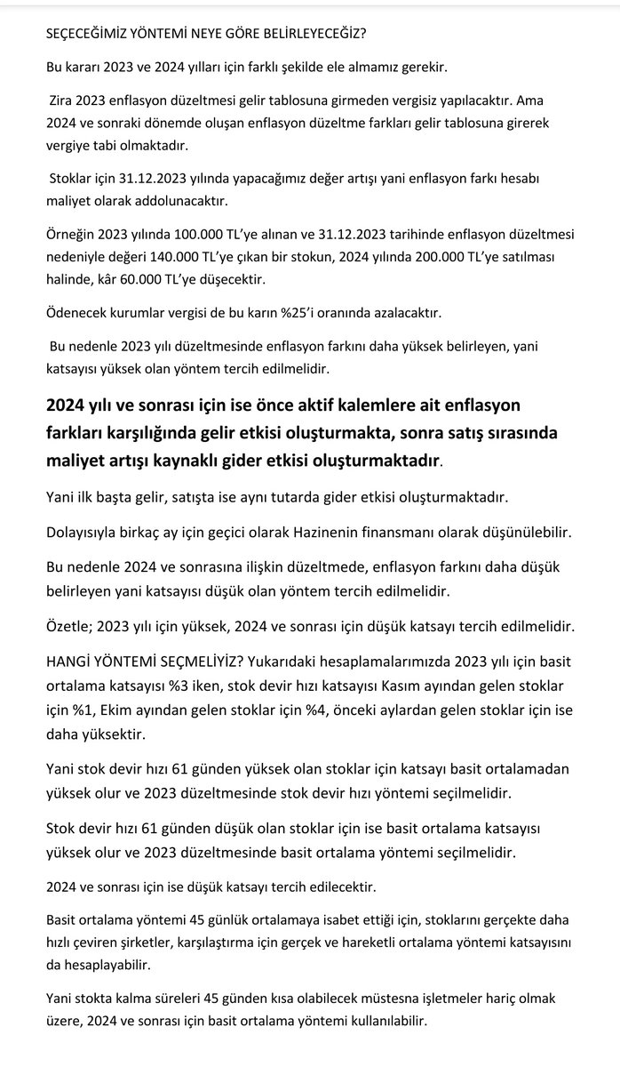 31.12.2023 STOKLARIN ENFLASYON DÜZELTMESİ HESAPLAMASI HANGİ YÖNTEMLE YAPILIRSA MÜKELLEF LEHİNE OLUR VE AZ VERGİ ÖDER.(IŞIK YMM den ALINTIDIR.)