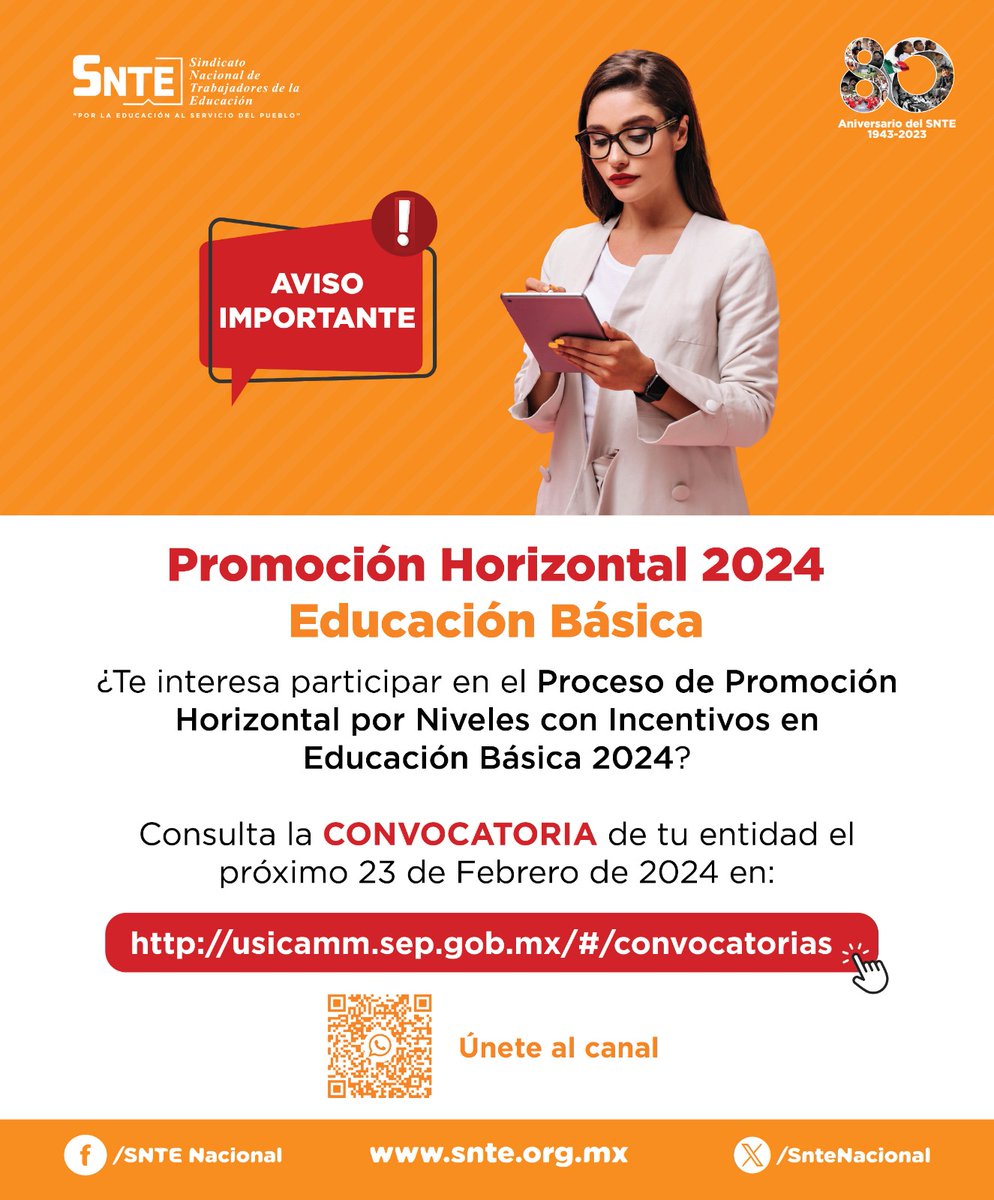 SilviaLunaAgs's tweet photo. #80AniversarioSNTE

Estás listo para participar en la Promoción Horizontal por Niveles con Incentivos en Educación Básica 2024 👩‍🏫👨‍🏫

Anota 👉El #23deFebrero estará disponible la convocatoria correspondiente a cada entidad

Consulta bases y requisitos en👇
https://t.co/lw75xkhww3 https://t.co/l2b2S7r1bE