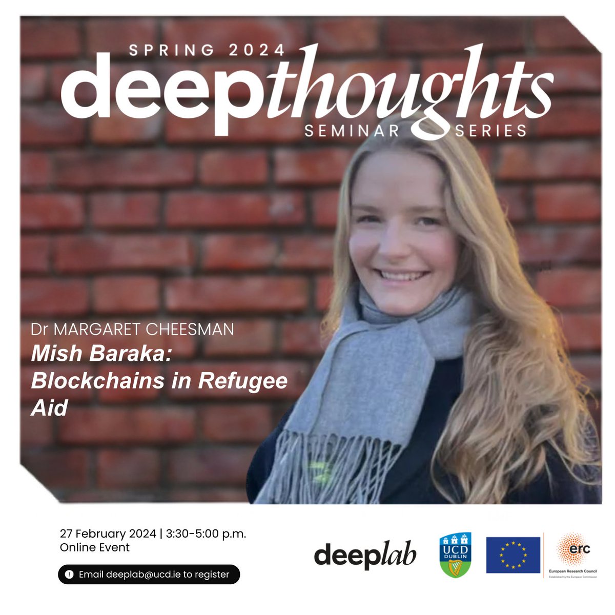 UCD_DeepLab's tweet image. Join us for our next Deep Thoughts Seminar Series Talk featuring the brilliant Dr Margaret Cheesmen! 📅 Date: 27 February 2024 🕒 Time: 3:30p.m to 5:00p.m 📍 Location: Online Register at news and events on our website  #DeepThought #DeepLab #ERCproject #ucd