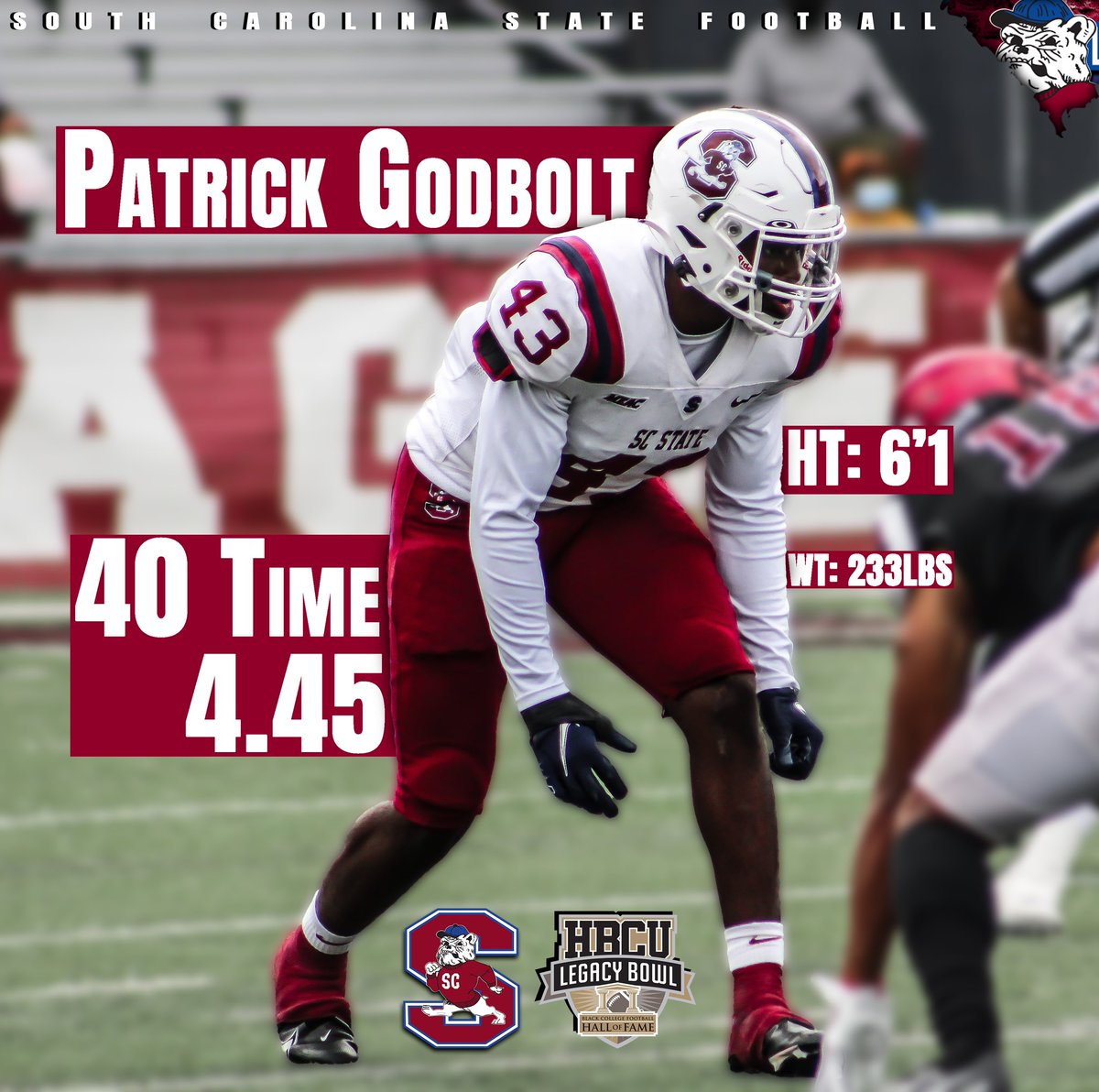 SCState_Fb's tweet image. #GoDogs

Your SC STATE BULLDOG Patrick Godbolt @patrick_godbolt just ran an OFFICIAL 4.45 at the @HBCULegacyBowl ! Now that’s LIGHTNING ⚡️ Quick‼️
@SCSTATE1896 @SCStateAthletic @MEACSports 
#PayTheFEE
#DigDEEP
#FearTheBITE
🔴🔵🐶🏈