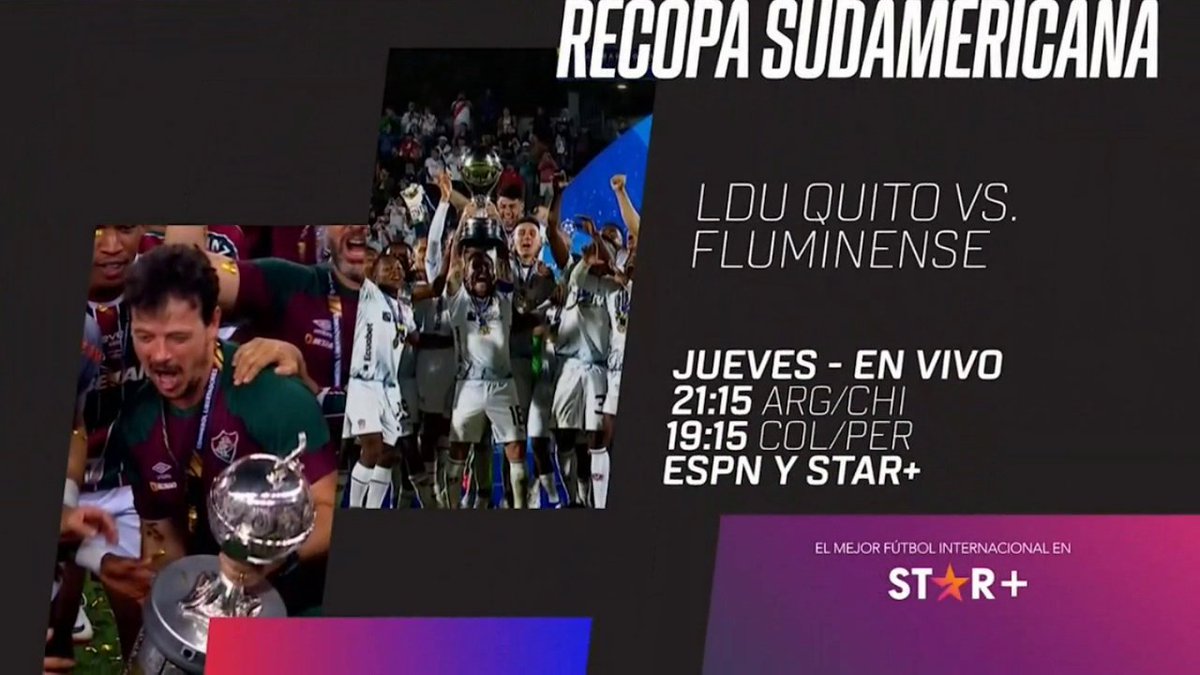 PlatinumSportMX's tweet photo. Les recordamos que la Recopa Sudamericana 2024 a disputarse entre LDU Quito (Campeรณn Copa Sudamericana) y Fluminense (Campeรณn Copa Libertadores) serรก transmitida por ESPN y Star+
Final Ida - Jueves 22, 6:30 PM (CDMX)
Final Vuelta - Jueves 29, 6:30 PM (CDMX)
#RECOPAxESPN https://t.co/g59N0rtiGz