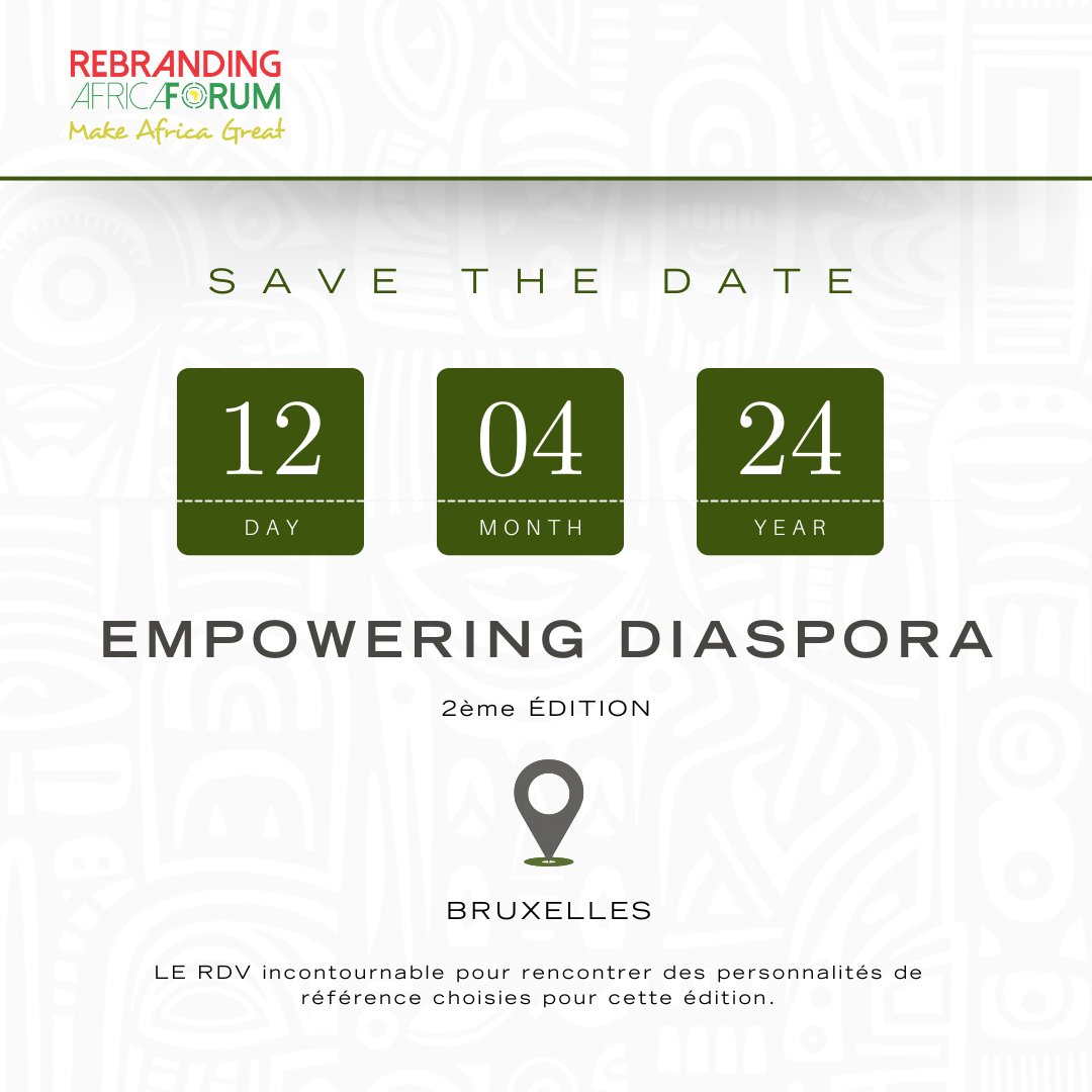 🇬🇧#EmpoweringDiaspora is back!
As a prelude to #RAF2024, this event will offer an opportunity for Diaspora to strengthen their socio-professional network. See you on April 12th, 2024, in Brussels for the 2nd edition. SAVE THE DATE!
#Leadership #MakeAfricaGreat #Networking #ED2024