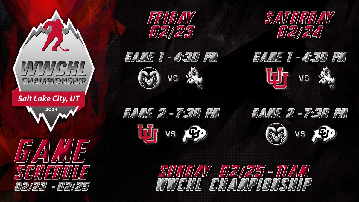 UtahWHockey's tweet photo. The WWCHL Championship is happening right here in Salt Lake City this weekend. Take a look at the schedule and come out to cheer for your Utah Women's Hockey team!
#UtahHockey #GoUtes🏒 https://t.co/9Gq2Q7aJup