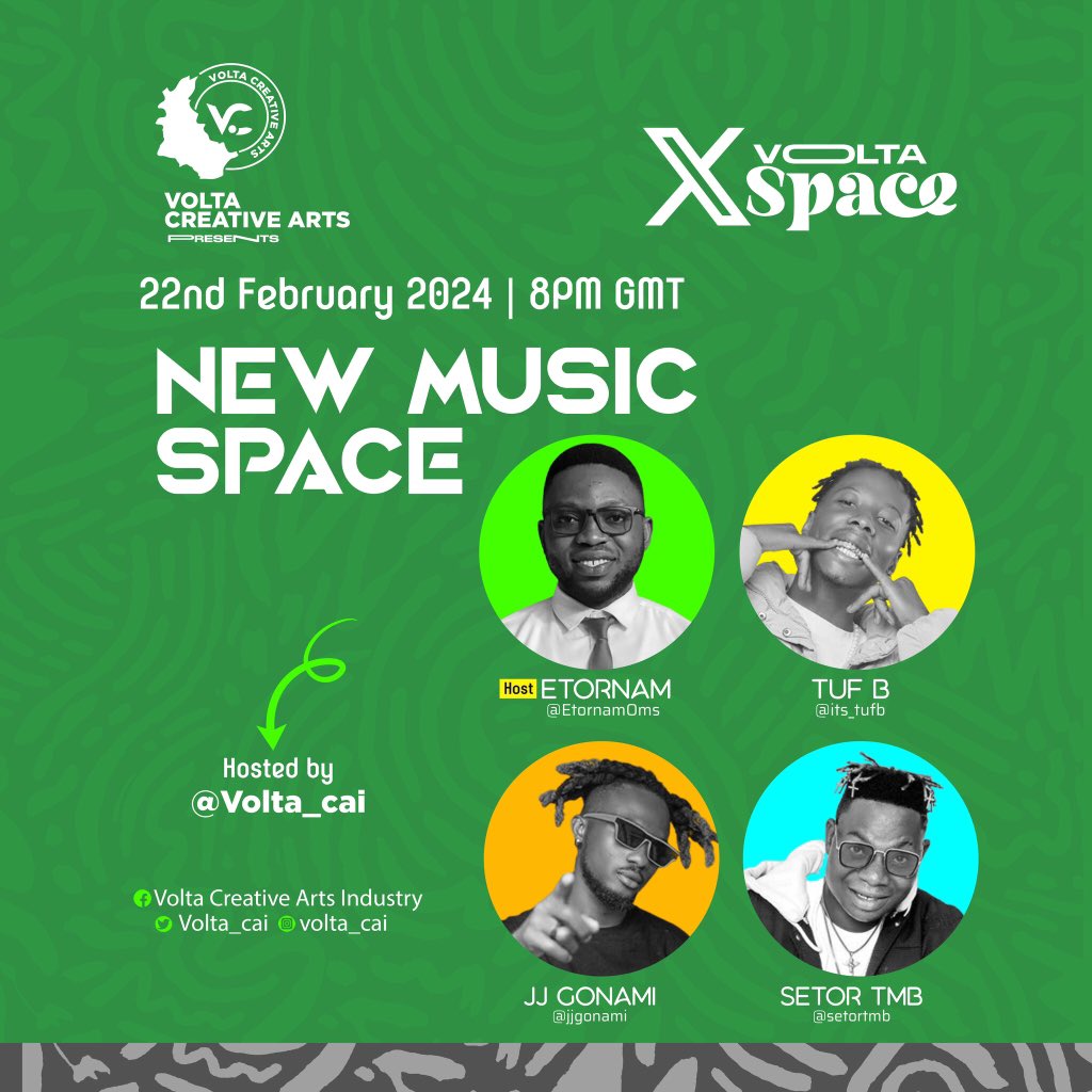 Hey famlee! Join me   Live on <a href="/Volta_CAI/">Volta Creative Arts</a> or Xvolta space on  Thursday 22nd Feb,  8pm  
Conversation with <a href="/its_tufb/">Tuf B</a> &amp; <a href="/JJGonami/">JJ GONAMI ⭐️</a> 
Topic ; New music space 
Host: <a href="/EtornamOms/">Samuel Etornam Kwasi Lavoe</a>
👇
x.com/i/spaces/1OdKr…

#newmusicspace #oneofakind #setortmb