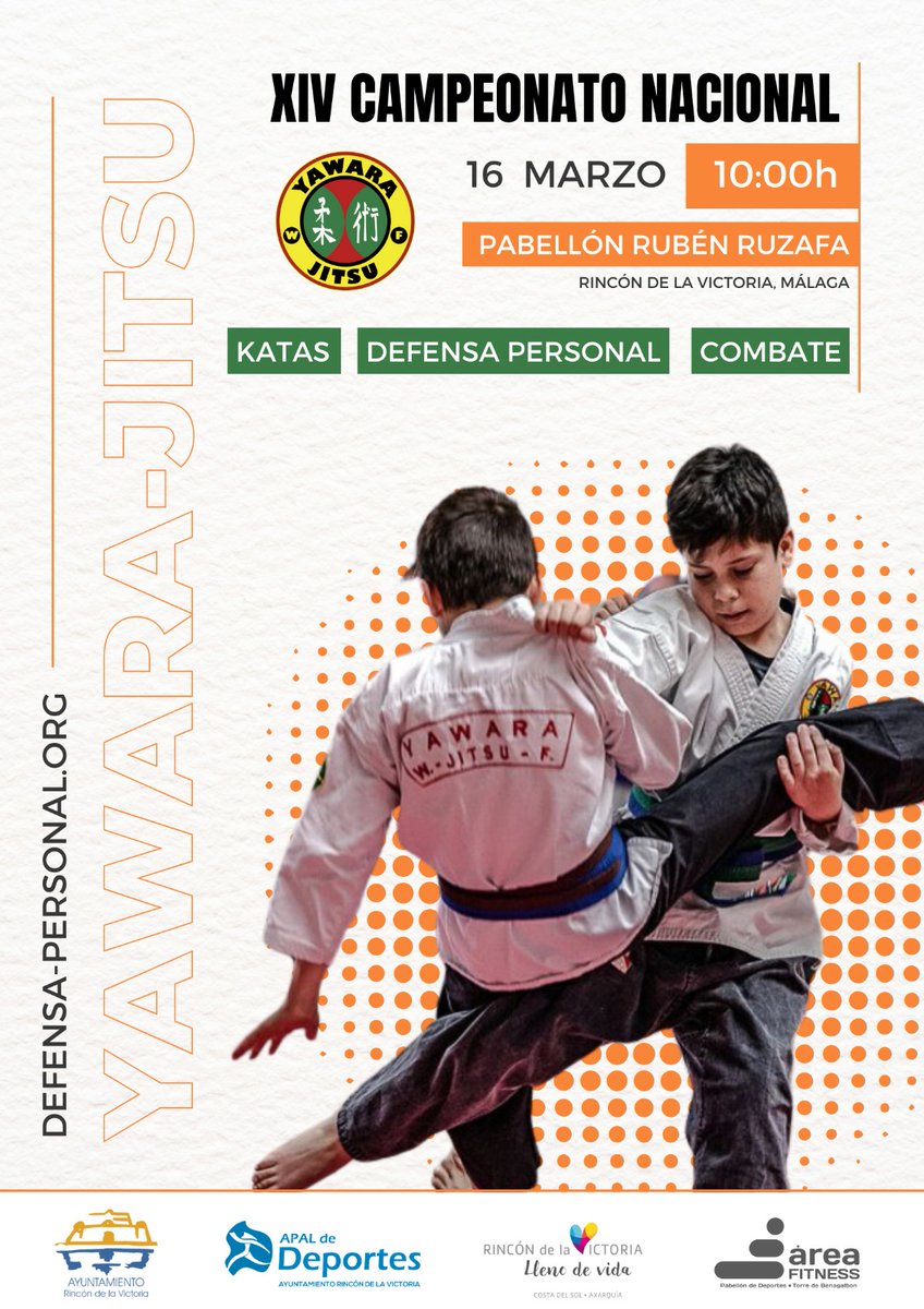 🥋 El XIV Campeonato Nacional de Yawara-Jitsu se celebrará el 16 de marzo en #RincónDeLaVictoria, con más de 80 competidores de Madrid, Murcia y Sevilla.

🏅 Las modalidades de competición serán de Katas, Defensa Personal y Combate desde alevín hasta sénior.

#RincónEsDeporte