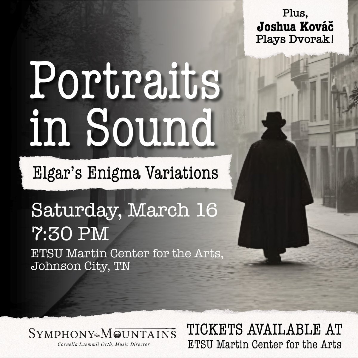 SOTM presents... "Portraits in Sound: Elgar’s Enigma Variations" at the ETSU Martin Center! The concert will feature Edward Elgar’s “Enigma Variations” and Joshua Kováč, the winner of our Elizabeth Harper Vaughn Concerto Competition. For tickets: bit.ly/42E5bKM