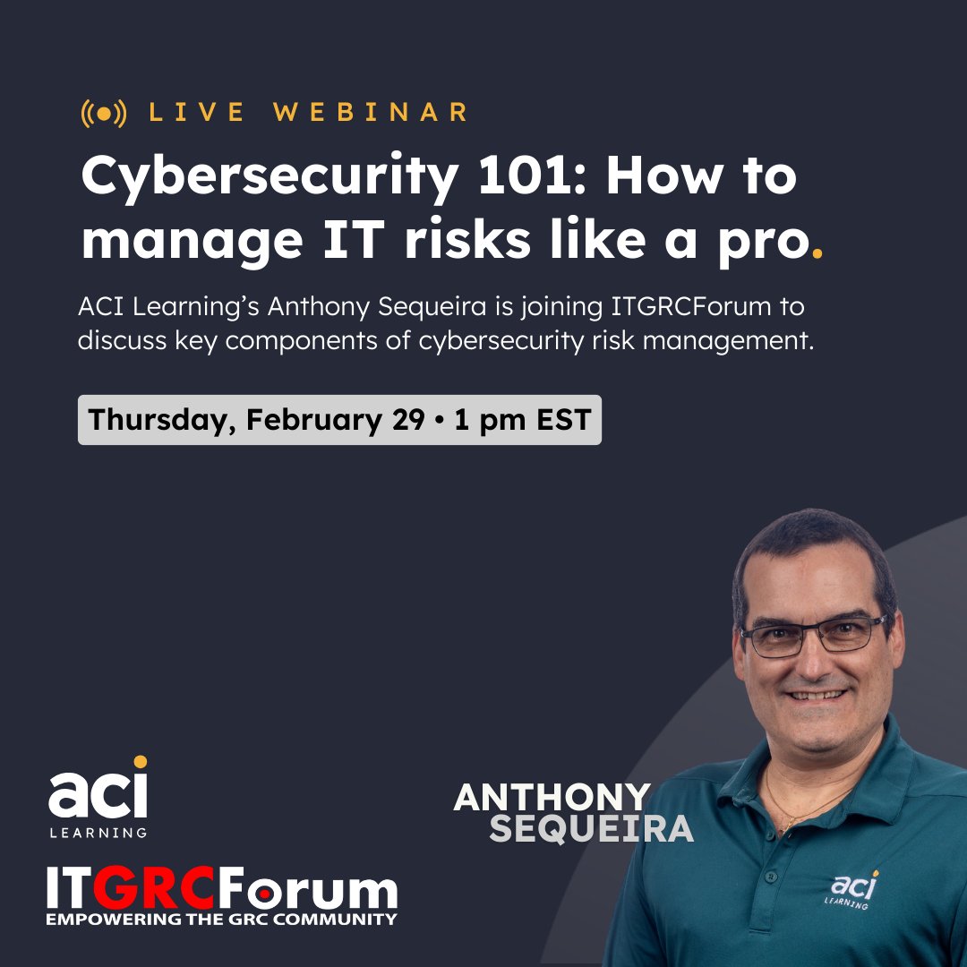 ACI Learning (@aci_learning) on Twitter photo Join ACI Learning Edutainer Anthony Sequeira in an insightful discussion alongside industry experts <a href="/ITGRC/">IT GRC Forum</a>'s Colin Whitaker, Erich Kron (<a href="/KnowBe4/">KnowBe4</a>), Esben Dochy (<a href="/Lansweeper/">Lansweeper</a>), and Ilia Sotnikov (<a href="/Netwrix/">Netwrix</a>) π
Register now π bit.ly/3wrFNfC #cybersecurity #freewebinar Join ACI Learning Edutainer Anthony Sequeira in an insightful discussion alongside industry experts <a href="/ITGRC/">IT GRC Forum</a>'s Colin Whitaker, Erich Kron (<a href="/KnowBe4/">KnowBe4</a>), Esben Dochy (<a href="/Lansweeper/">Lansweeper</a>), and Ilia Sotnikov (<a href="/Netwrix/">Netwrix</a>) π
Register now π bit.ly/3wrFNfC #cybersecurity #freewebinar