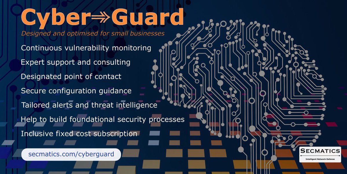 Secmatics's tweet photo. Many small businesses are struggling to build effective cybersecurity defenses. Our Cyber➾Guard service provides everything you need though a single subscription. https://t.co/NvtBK2dQzv
#cybersecurity #SmallBusiness #SMB https://t.co/FSRvCW8Ees