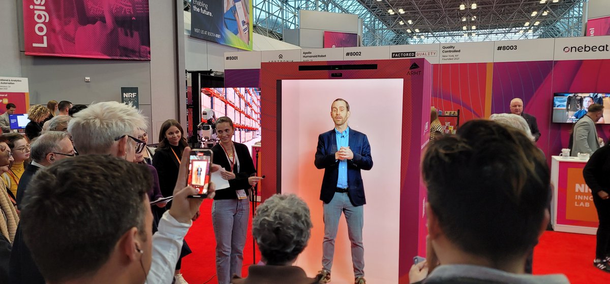 We had the honor of collaborating with #NRF2024 to welcome attendees to the Innovation Lab. Seth Webb, EVP at Tusk Strategies, kicked off the press tours in the most futuristic way possible - as a hologram! 🕴️🤩 Read more at progressivegrocer.com/tomorrows-tech… #RetaiInnovation