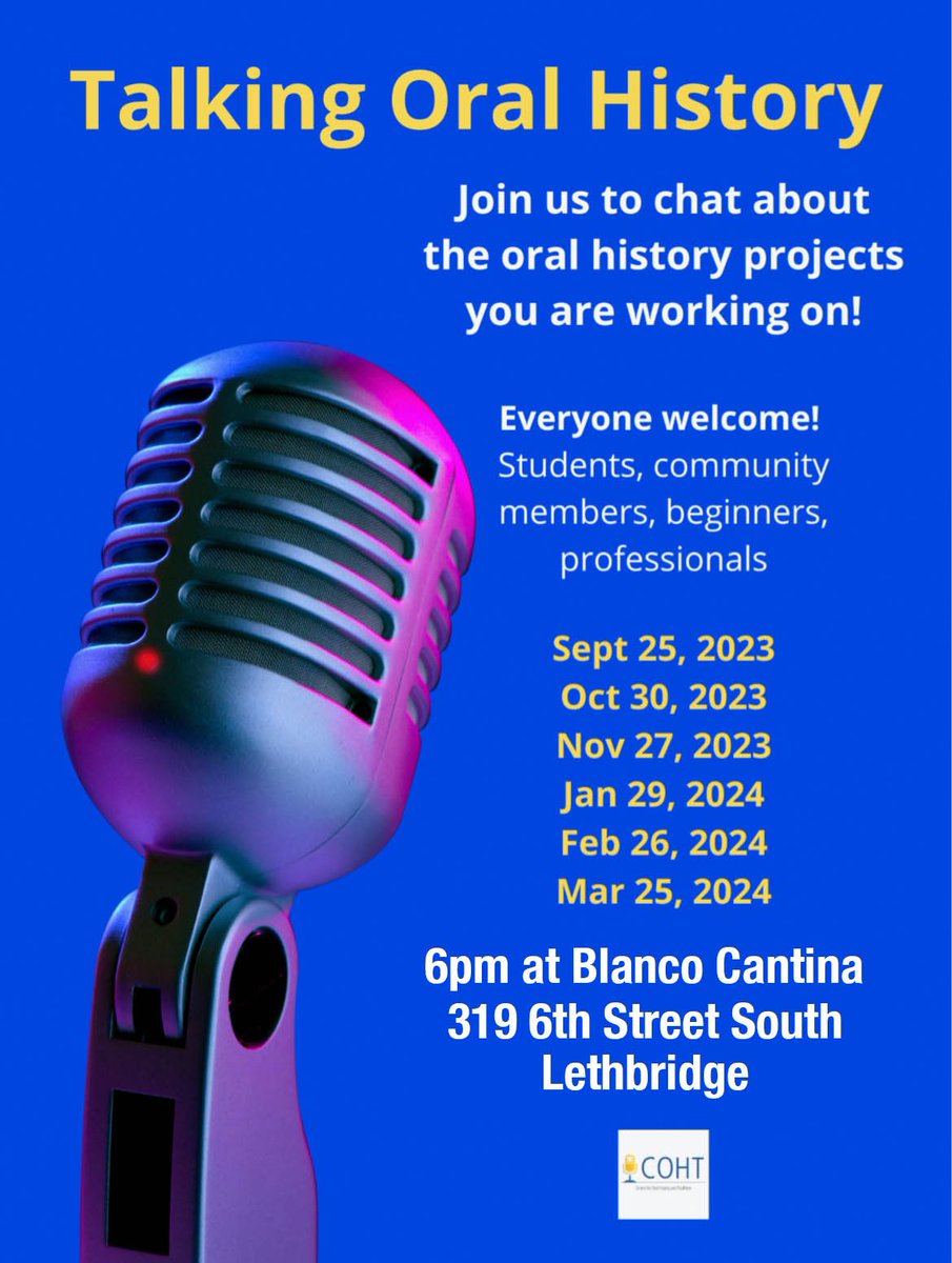 COHT (@ulethcoht) on Twitter photo Attn Lethbridge-based oral historians!! #oralhistory Join us Monday Feb 26 at 6pm for our next “Talking Oral History” informal gathering to chat about projects you are working on. PLEASE NOTE THE LOCATION CHANGE <a href="/oralhistory/">Oral History Association</a> <a href="/uLethbridge/">ULethbridge</a> Everyone is welcome! Attn Lethbridge-based oral historians!! #oralhistory Join us Monday Feb 26 at 6pm for our next “Talking Oral History” informal gathering to chat about projects you are working on. PLEASE NOTE THE LOCATION CHANGE <a href="/oralhistory/">Oral History Association</a> <a href="/uLethbridge/">ULethbridge</a> Everyone is welcome!