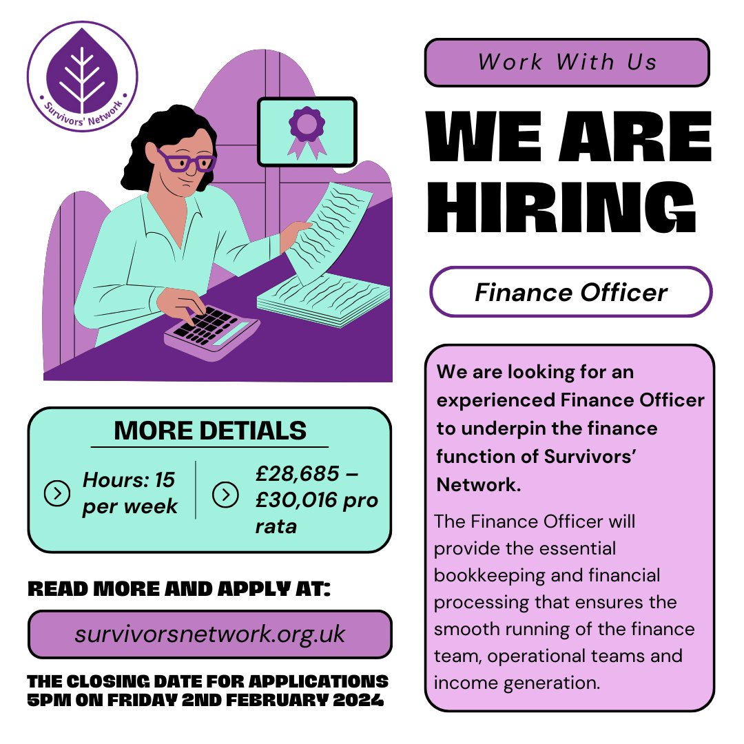 We have extended the deadline for our Finance Officer role until the 5th of March, click here to find out more and apply! survivorsnetwork.org.uk/about-us/work-…