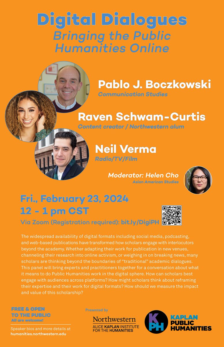 How can scholars best engage with audiences across platforms? Join content creator @ravenreveals and 3 professors working in the public realm (@PabloBochon, @nkhverma, & Helen Cho) for Digital Dialogues, FRI 2/23 at 12pm CT via Zoom. Register: bit.ly/DigiPH. #pubhum