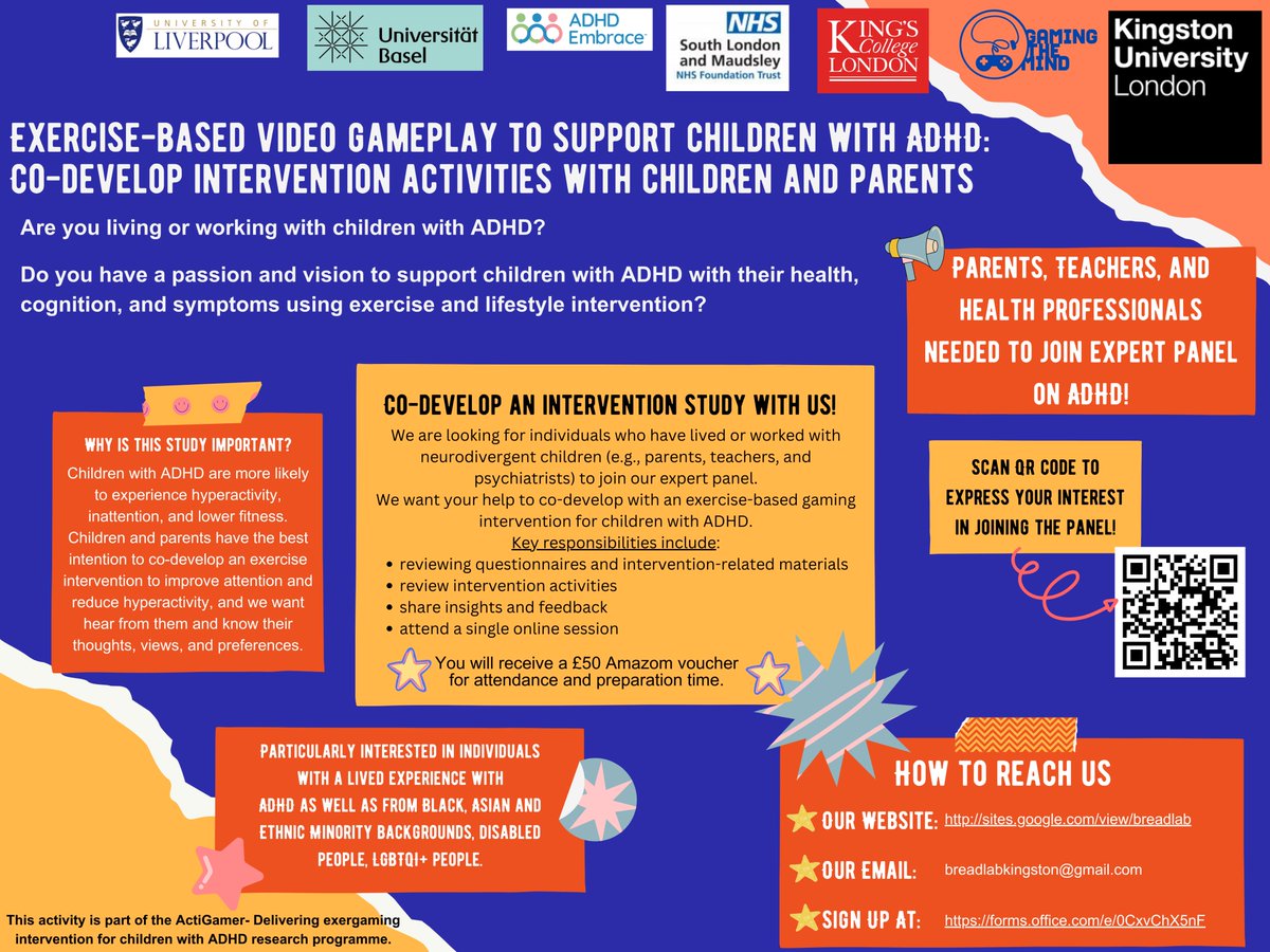 B_R_E_A_D_Lab's tweet image. Are you a parent living or working with neurodivergent children? Come to join our parent advisory panel to co-develop an exercise-based video gameplay intervention for children with ADHD with us! Please see below for more details👇

#BREADLAB
#Participatoryresearch
#ADHD