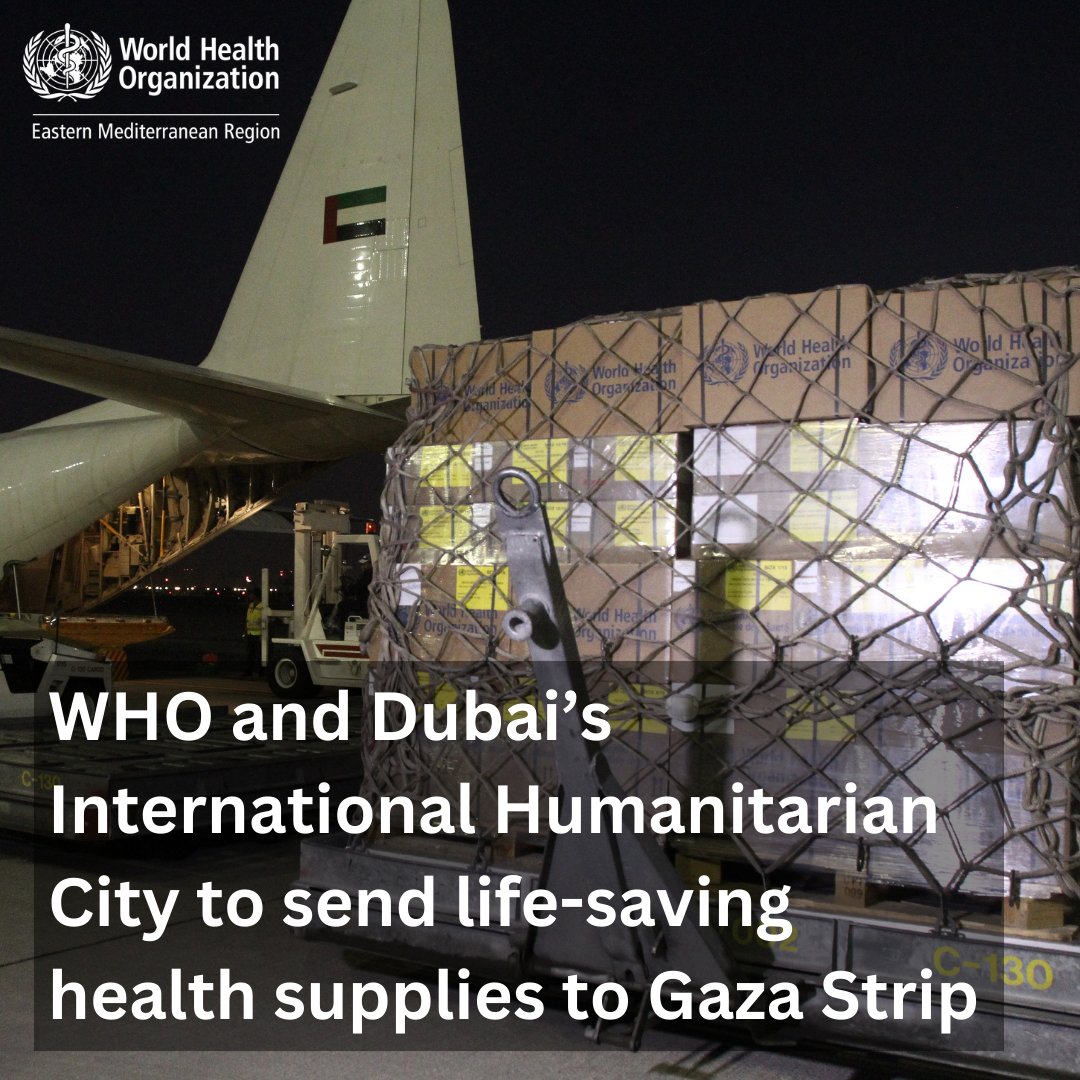 Amid a worsening health emergency, the @WHO  logistics hub in Dubai, in partnership with Dubai’s International Humanitarian City @IHC_UAE, will be delivering critical health supplies worth over US$ 1.7 million to the Gaza Strip.

emro.who.int/media/news/who…

@mohapuae