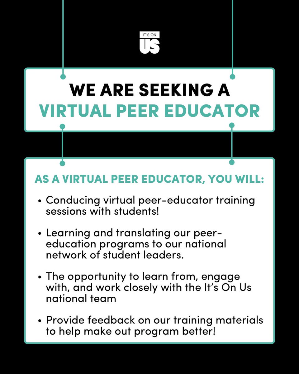 ItsOnUs's tweet photo. Ready to lead the charge in transforming campus culture? Apply for our Virtual Peer-Educator Trainer position and train student leaders nationwide! 

Come join our team and take the leap to empower change with us. For more information visit our website: https://t.co/Yr6IG3tN9P https://t.co/tm1107Gpqe