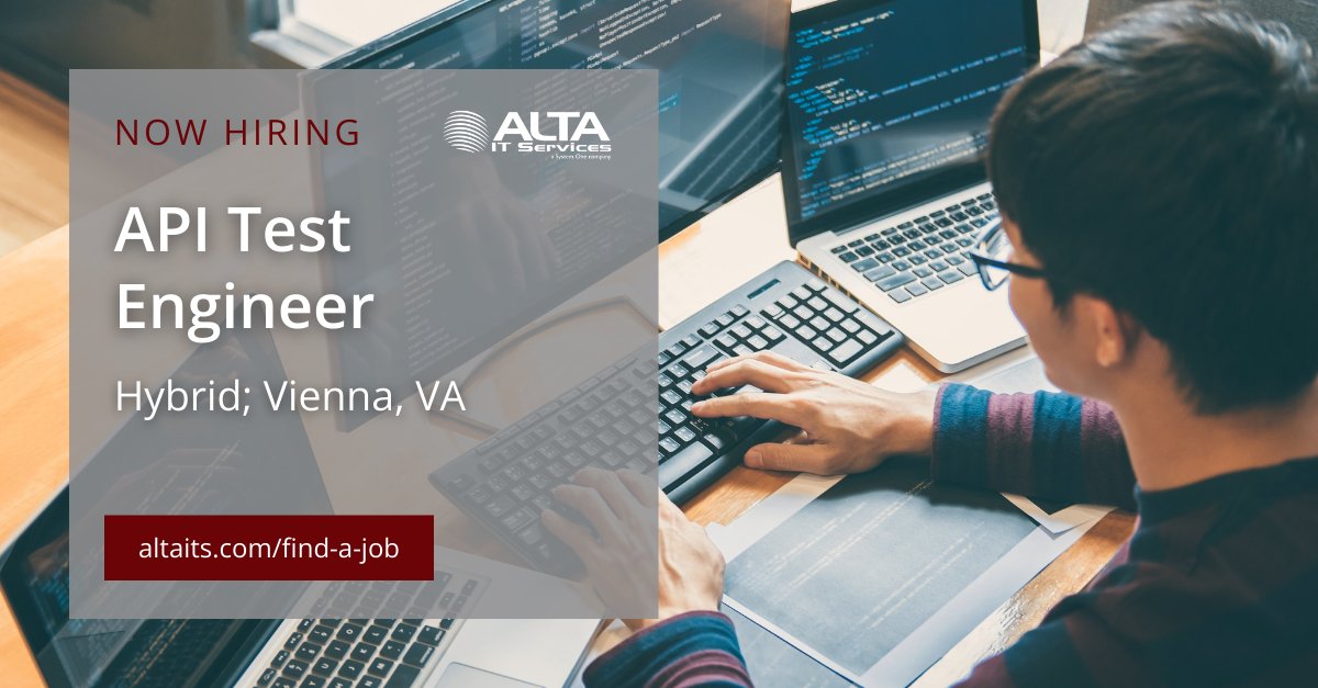 altaitservices's tweet photo. ALTA IT Services is #hiring an API Test Engineer for #hybrid work in Vienna, VA. 

Learn more and apply today: https://t.co/gJVJntFk3a
#ALTAIT  #APITesting #ServiceTesting #SOAP #REST #QAMethodology #AgileMethodology #WebService #XML #TestPlanning #TestEstimation #TestStrategy https://t.co/VQjoW43S9P