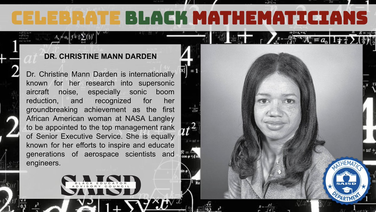 SAISD Mathematics (@saisd_math) on Twitter photo This spotlight of Black excellence goes to Dr. Christine Mann Darden, a #supersonic pioneer in mathematics! Sonic 💥!! Learn more at: nasa.gov/image-article/… <a href="/DrJaimeAquino/">Jaime Aquino</a> <a href="/SAISD_CI/">SAISD Curriculum, Instruction, & Assessment</a> <a href="/beacsaisd/">Black Educator Advisory Council of San Antonio ISD</a> #BHM #mathrocks This spotlight of Black excellence goes to Dr. Christine Mann Darden, a #supersonic pioneer in mathematics! Sonic 💥!! Learn more at: nasa.gov/image-article/… <a href="/DrJaimeAquino/">Jaime Aquino</a> <a href="/SAISD_CI/">SAISD Curriculum, Instruction, & Assessment</a> <a href="/beacsaisd/">Black Educator Advisory Council of San Antonio ISD</a> #BHM #mathrocks
