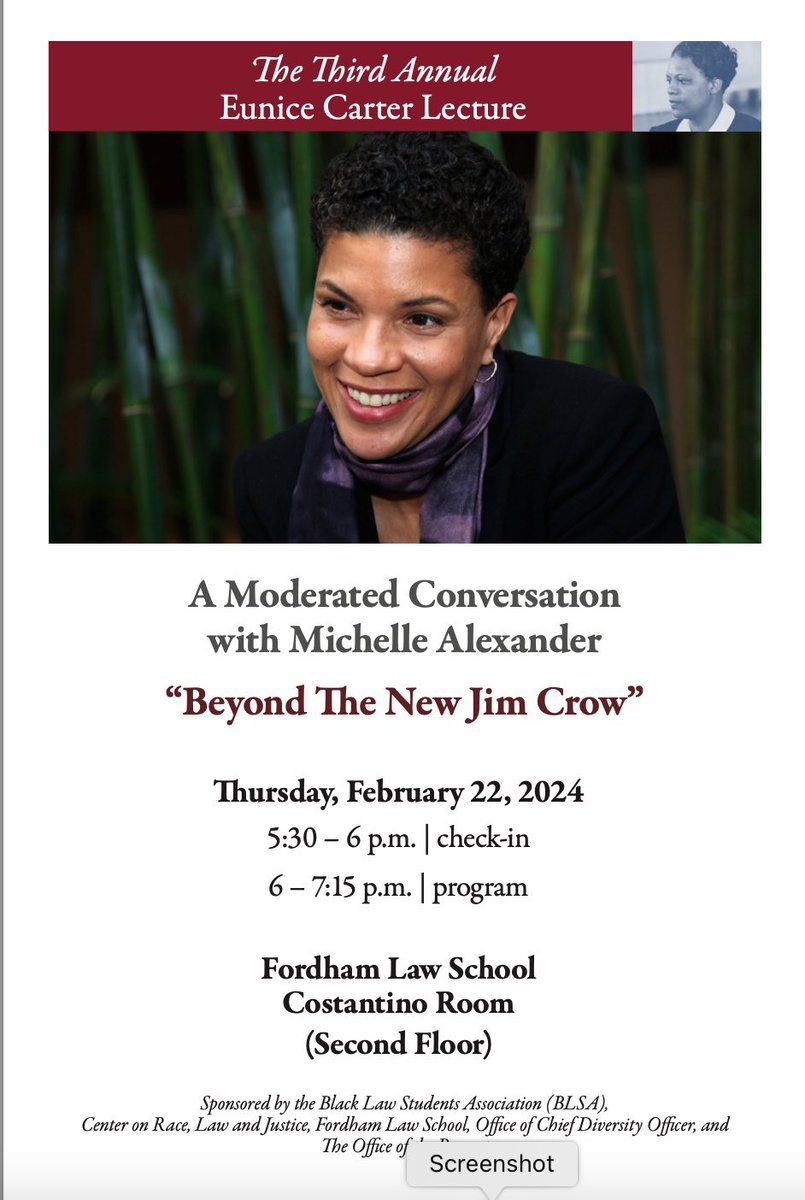 We couldn’t be more excited to co-sponsor this event! The phenomenal Michelle Alexander, in conversation with @AHoagFordjour and our Center’s Batts Fellow, Afrika Owes ‘24 @FordhamLawNYC!