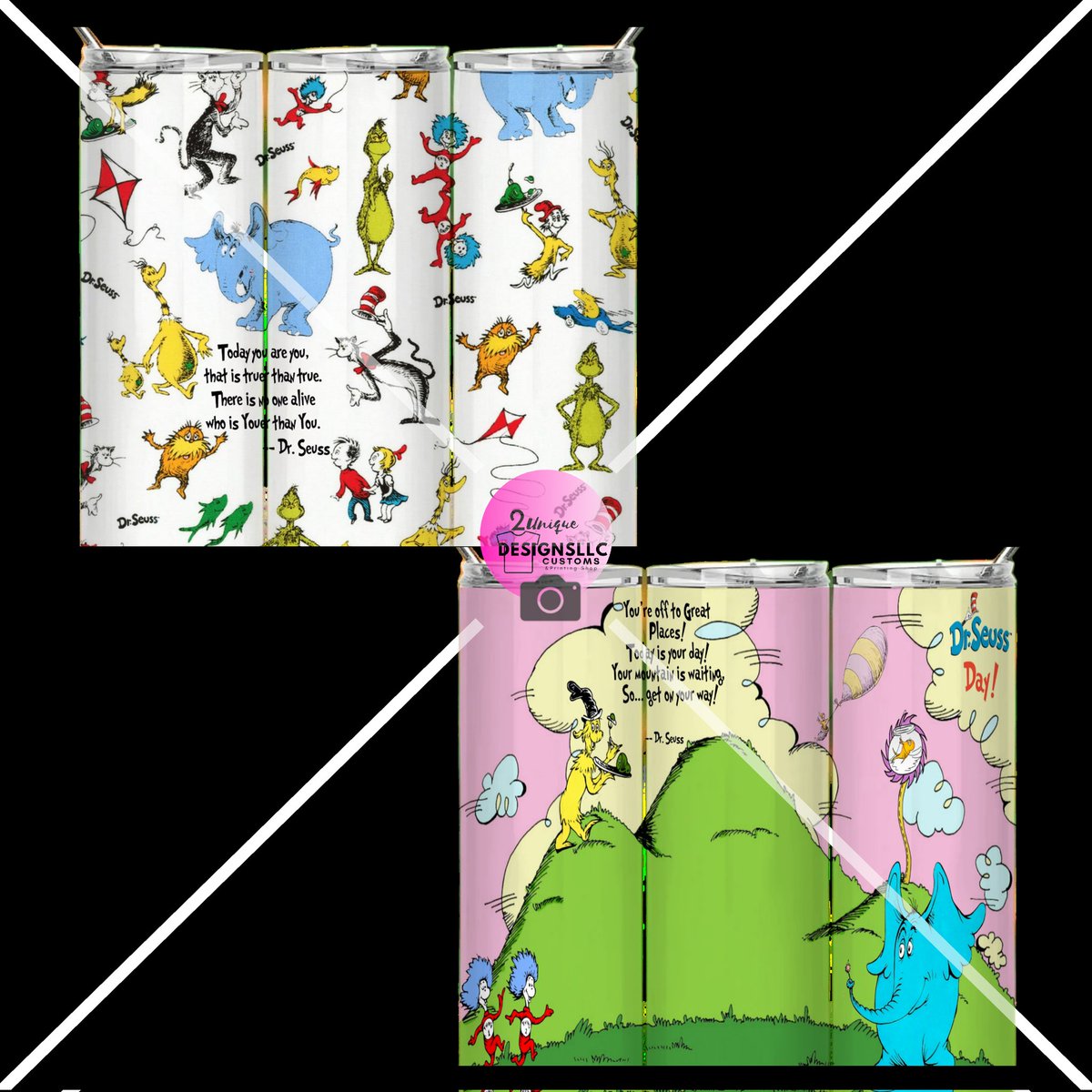 "Oh, the places you'll go with our Dr. Seuss-inspired tumbler designs! From whimsical characters to timeless quotes, our custom tumblers bring the magic of Dr. Seuss to your everyday adventures.  #DrSeuss #TumblerTales #2uniquedesignsllc