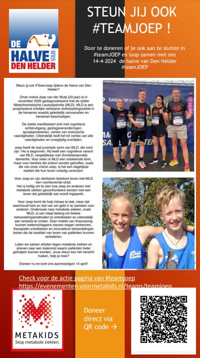 STEUN jij ook #Teamjoep! 
.
#teamjoep loopt 14 April mee met <a href="/HalveDenHelder/">Halve van Den Helder</a> voor Metakids
.
Alle info vind je op onze teampagina evenementen.voormetakids.nl/teams/teamjoep

Doneren is 🫶🏻

Retweette is 🫶🏻

#teamjoep #hardlopen #metakids #stopmetabolenziekte