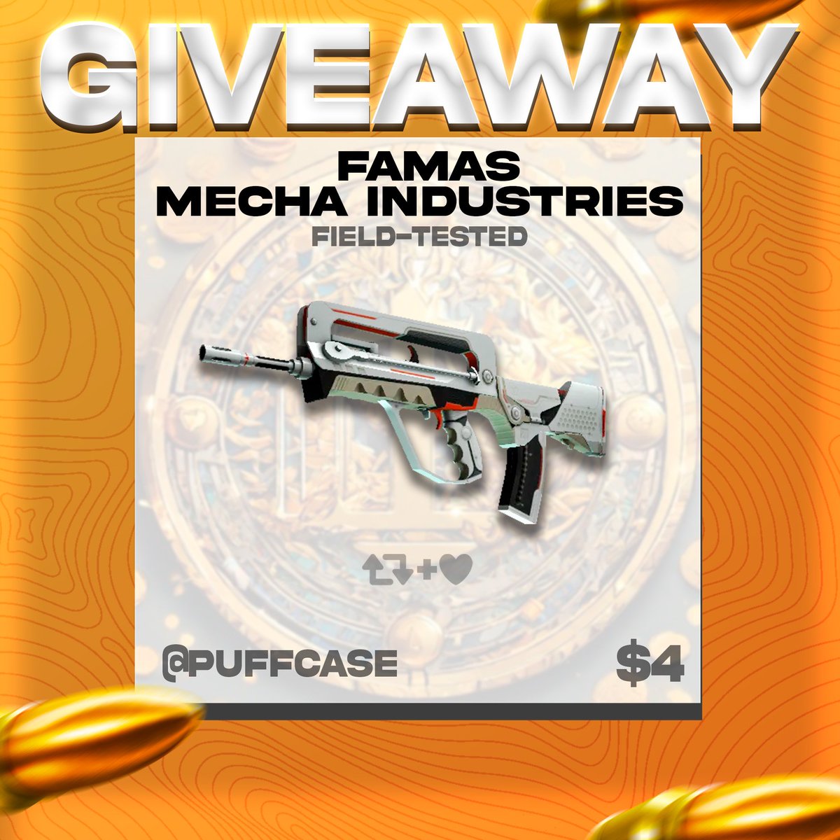 puffcase's tweet image. 🎁 FAMAS | MECHA INDUSTRIES #CSGOGiveaway 

To enter:

✅-Follow
✅-Retweet &amp;amp; Tag 1 Friend
✅-Sub + Like + Comment: youtu.be/dn9RAOG_-ec?si…

Good Luck🍀-Rolling in 48 hour