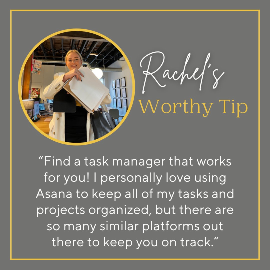 Worthy Tip from Rachel!

As you can see in her photo, Rachel juggles a lot and manages her workload seamlessly and with a smile. Her secret? Asana! This task management tool helps her stay organized and focused on the tasks at hand. Give it a try! 💻