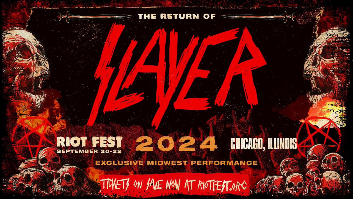 Deadman469's tweet photo. SLAYER IS BACK!!!! And they’ll be headlining at @RiotFest!!! LFG!! #Slayer #RiotFest #ThrashMetal #RainingBlood #WarEnsemble #AngelOfDeath https://t.co/wD2TXQD8vo