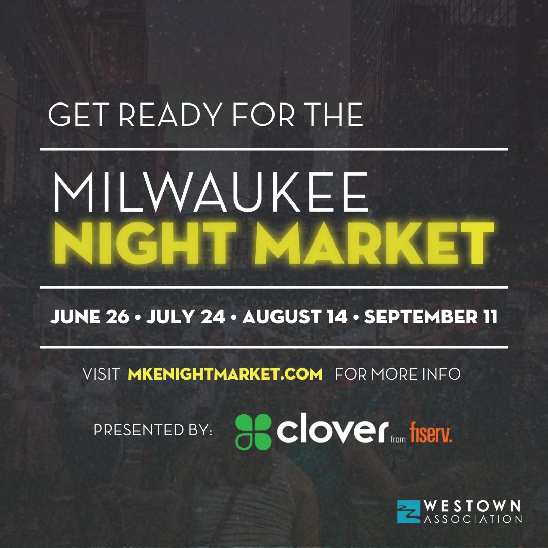 The MKE #NightMarket, presented by @clovercommerce from @Fiserv, returns for its 10th season on June 26, July 24, August 14 & September 11, 2024! Join us for an unforgettable summer of local art, delicious food, live music & Milwaukee pride 🌙💃🍔🎨